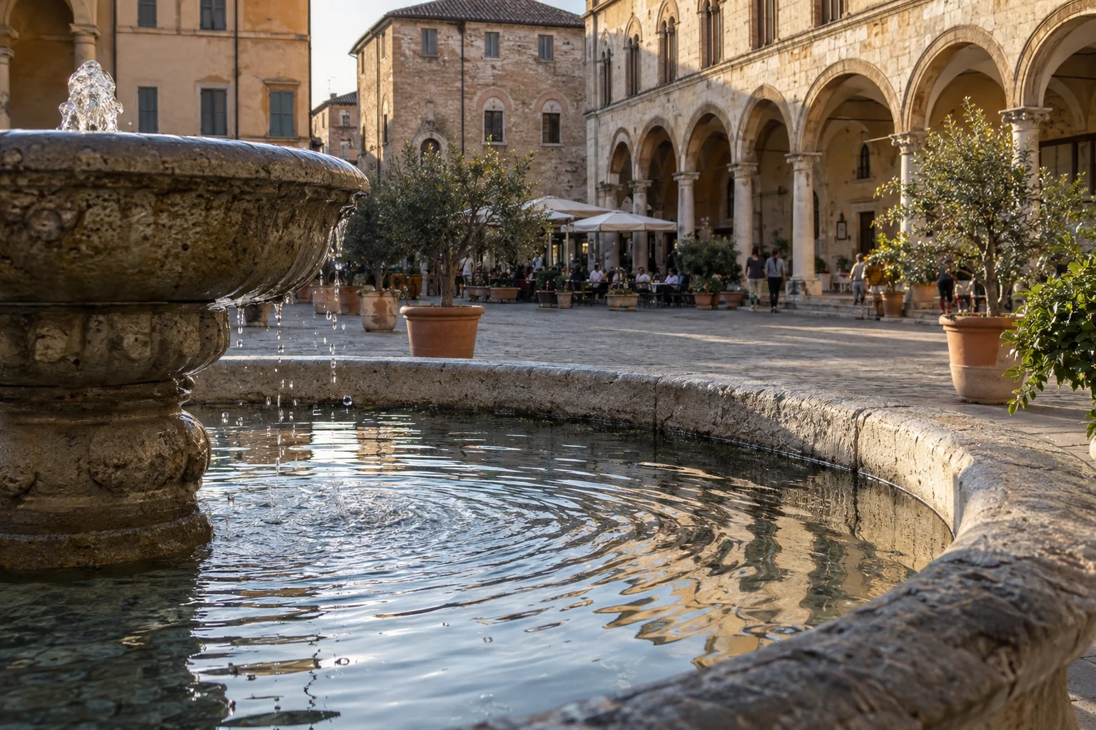 Wasserkringel in einem Steinbrunnen vor italienischen Arkaden