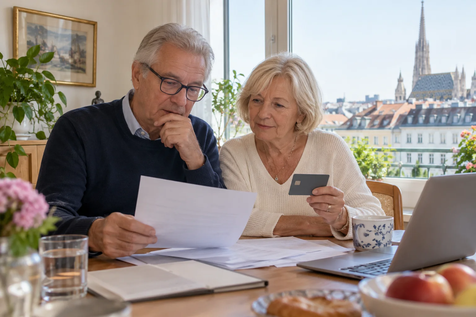 Ein älteres Paar prüft Unterlagen und eine Bankkarte vor einem Fenster mit Blick auf Wiener Dächer