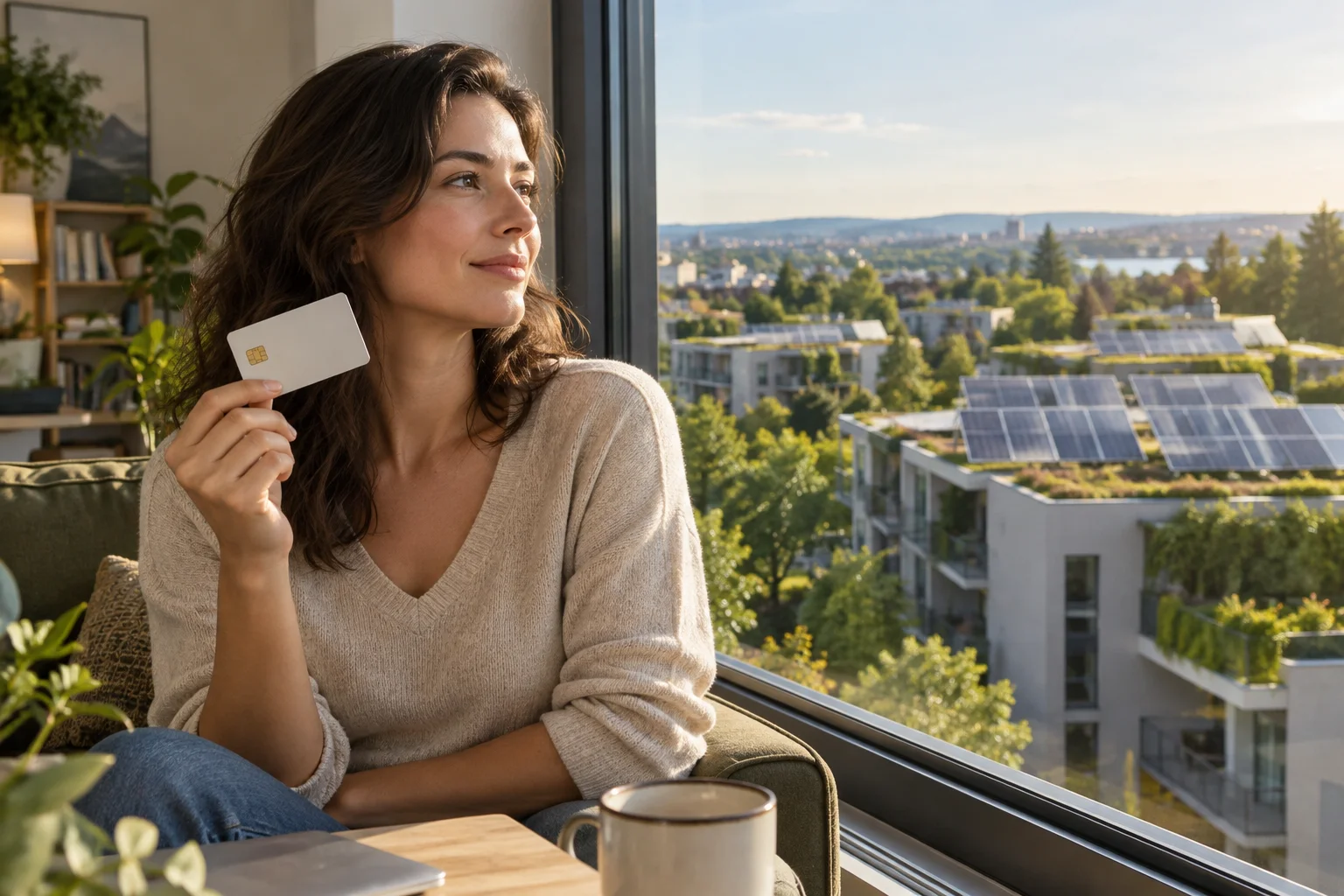 Eine Frau hält eine schlichte Bankkarte vor einem Fenster mit Blick auf Solardächer