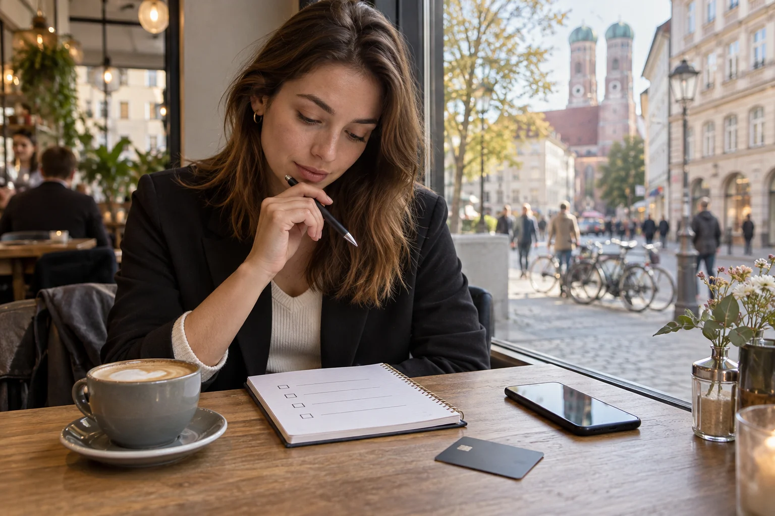 Eine Frau prüft im Café eine persönliche Checkliste neben Smartphone und Karte