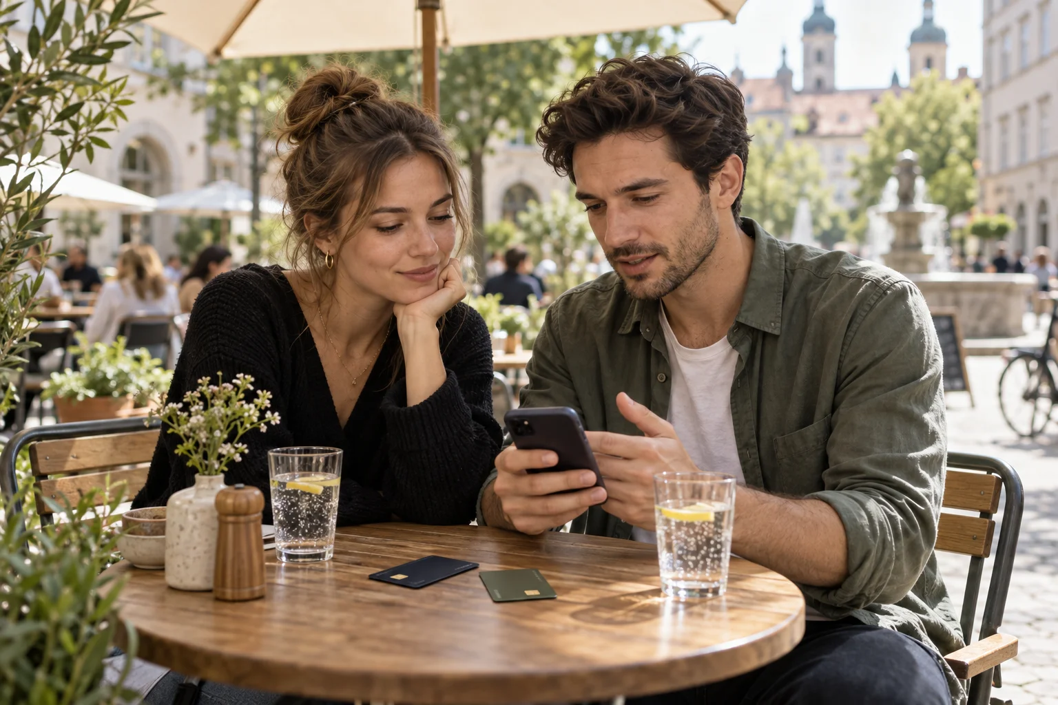 Paar betrachtet ein Smartphone neben zwei Bankkarten im Straßencafé