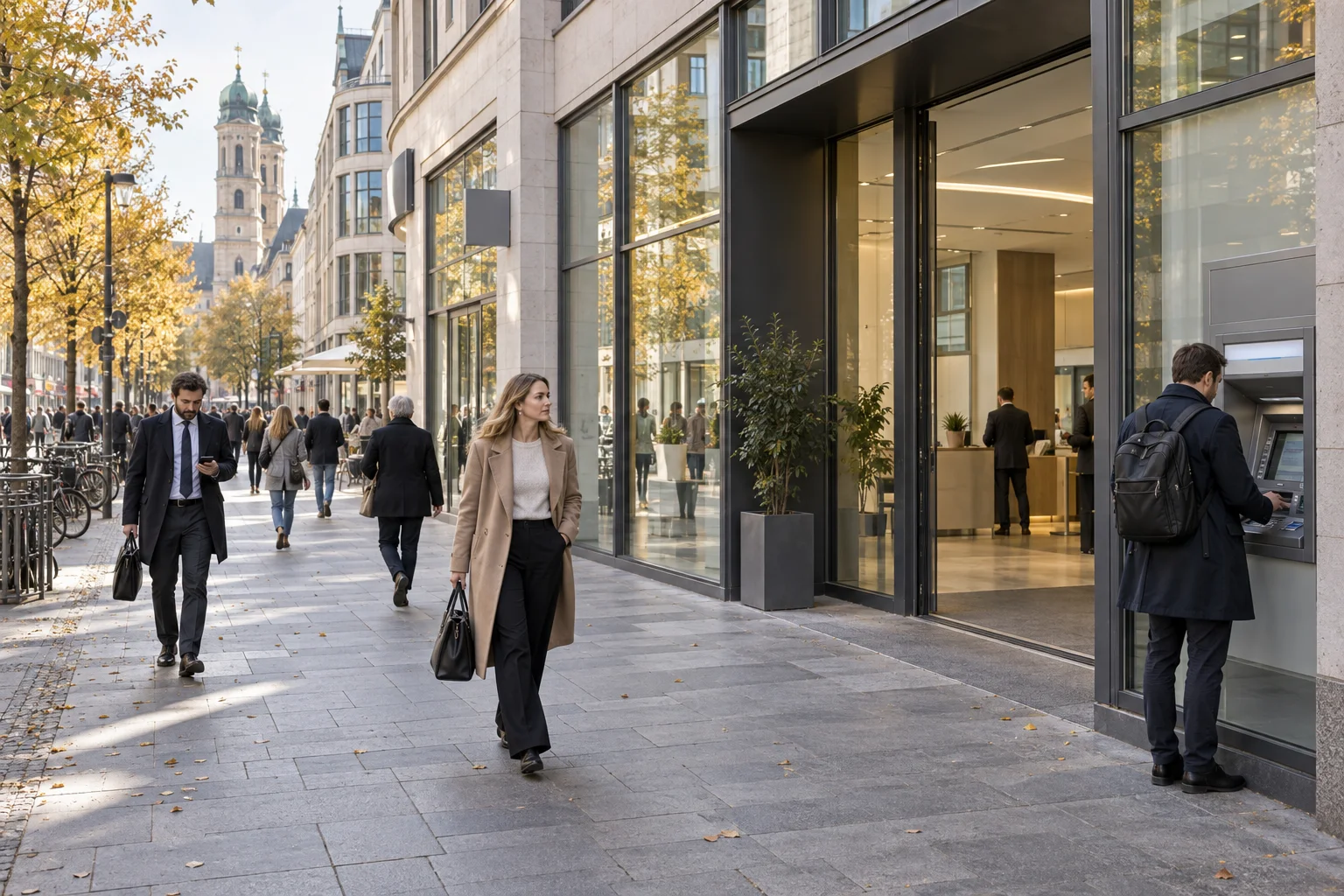Menschen gehen vor einer modernen Bankfiliale entlang; rechts wird ein Geldautomat genutzt