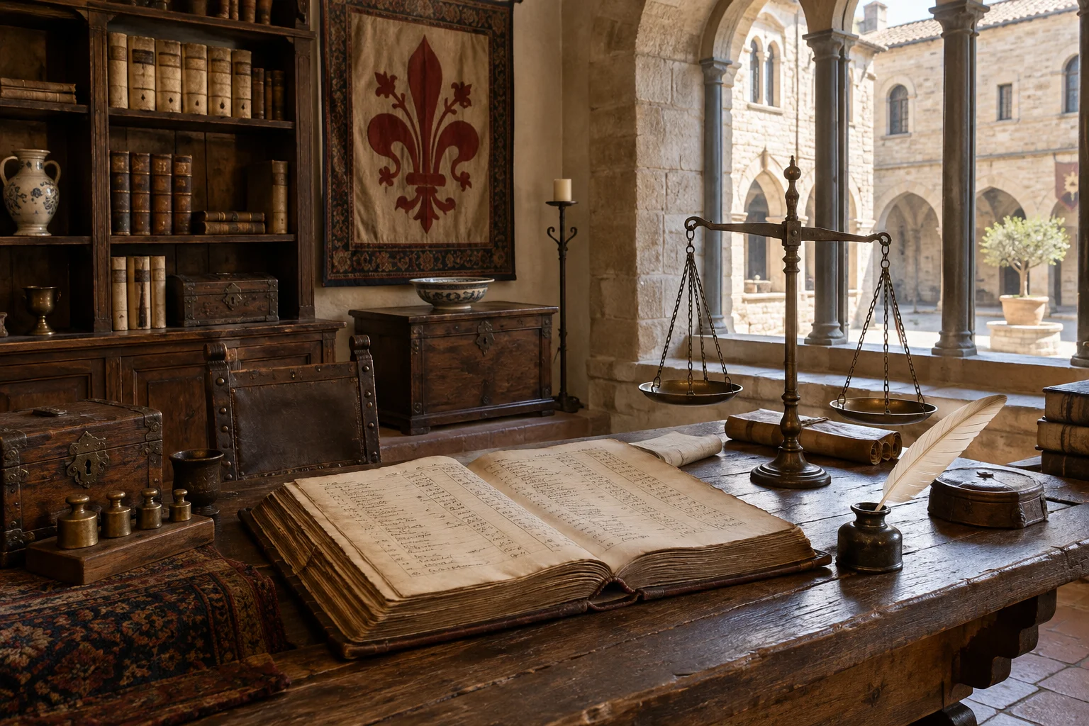 Ein altes Kontenbuch, eine Feder und eine Waage stehen in einem historischen Arbeitsraum mit Steinbögen