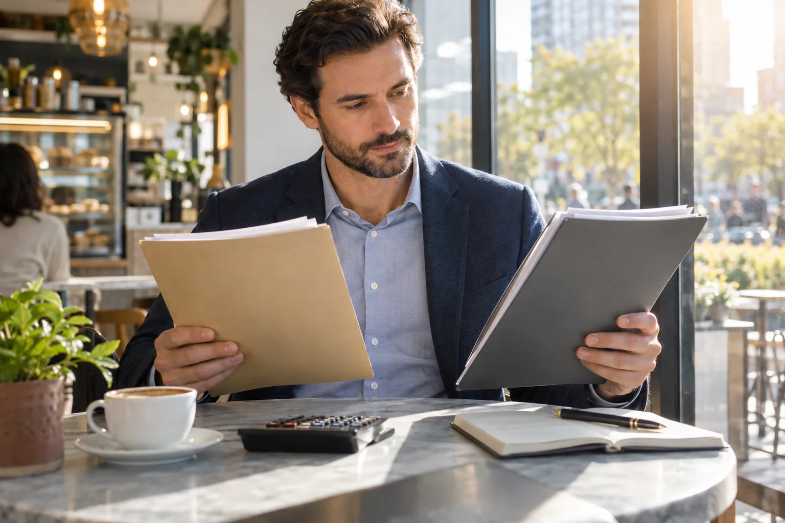 Ein Mann vergleicht zwei Unterlagenmappen mit einem Taschenrechner im Café