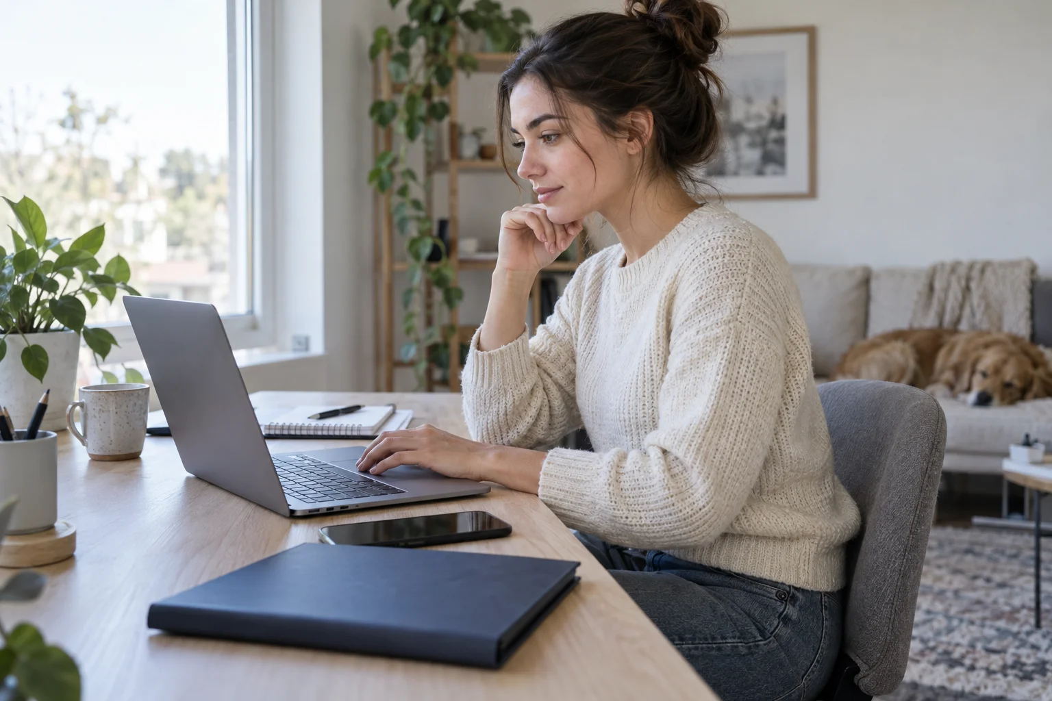 Eine Frau bearbeitet am Laptop einen Antrag neben Smartphone und geschlossener Dokumentenmappe