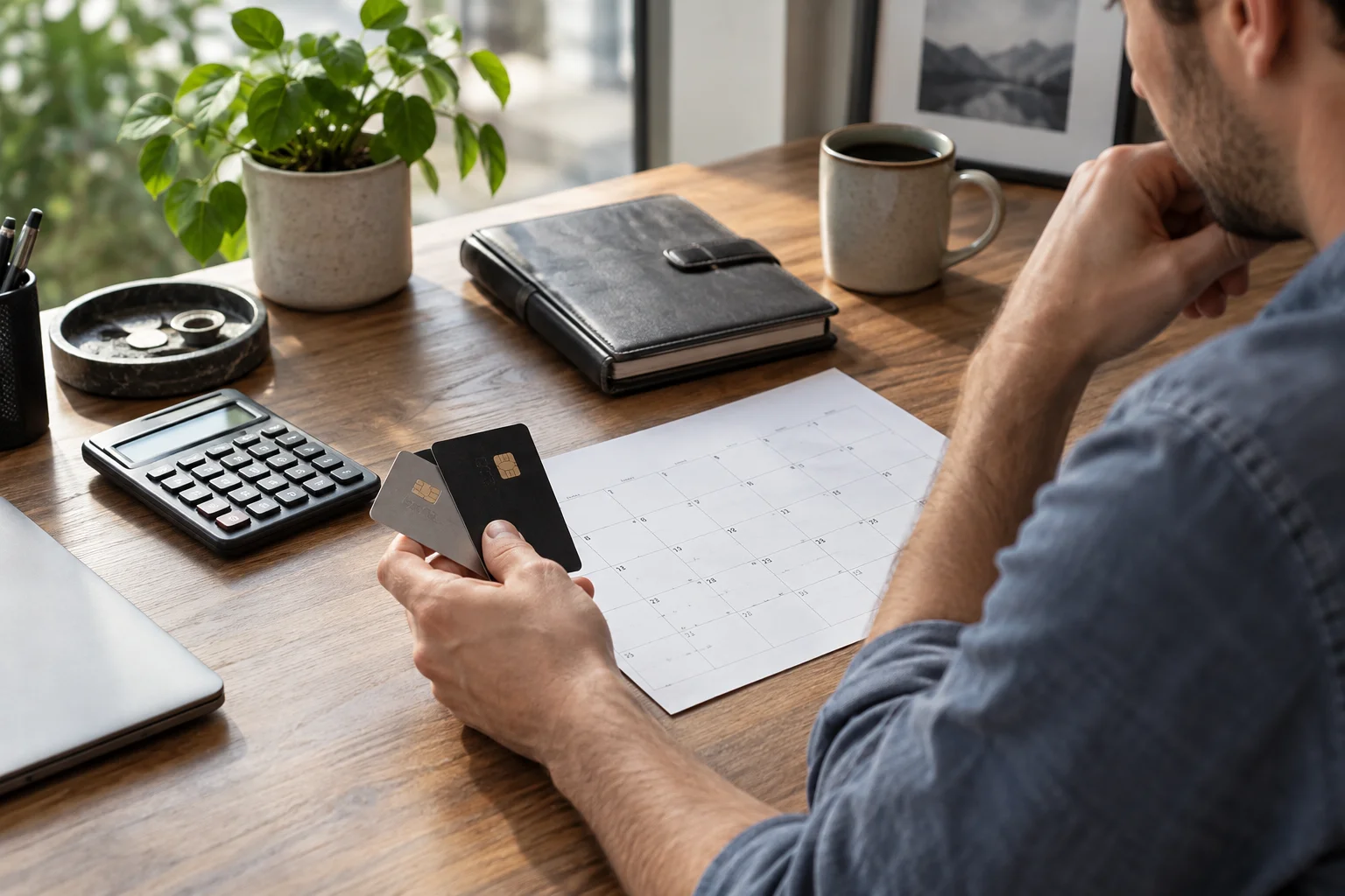 Mann betrachtet zwei Zahlungskarten über einem Kalender neben Taschenrechner und Planer