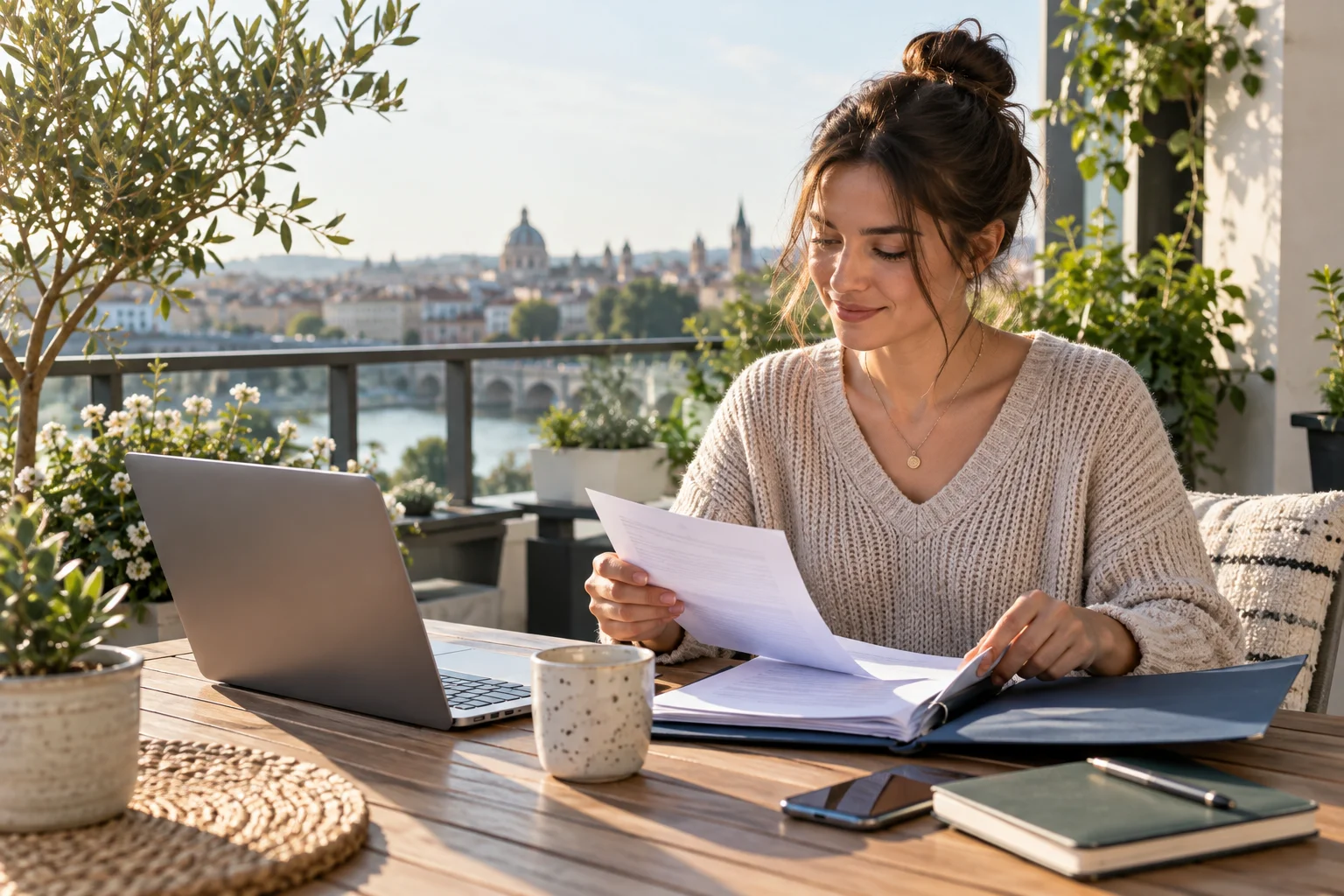 Eine Frau prüft Unterlagen neben einem Laptop auf einem sonnigen Balkon
